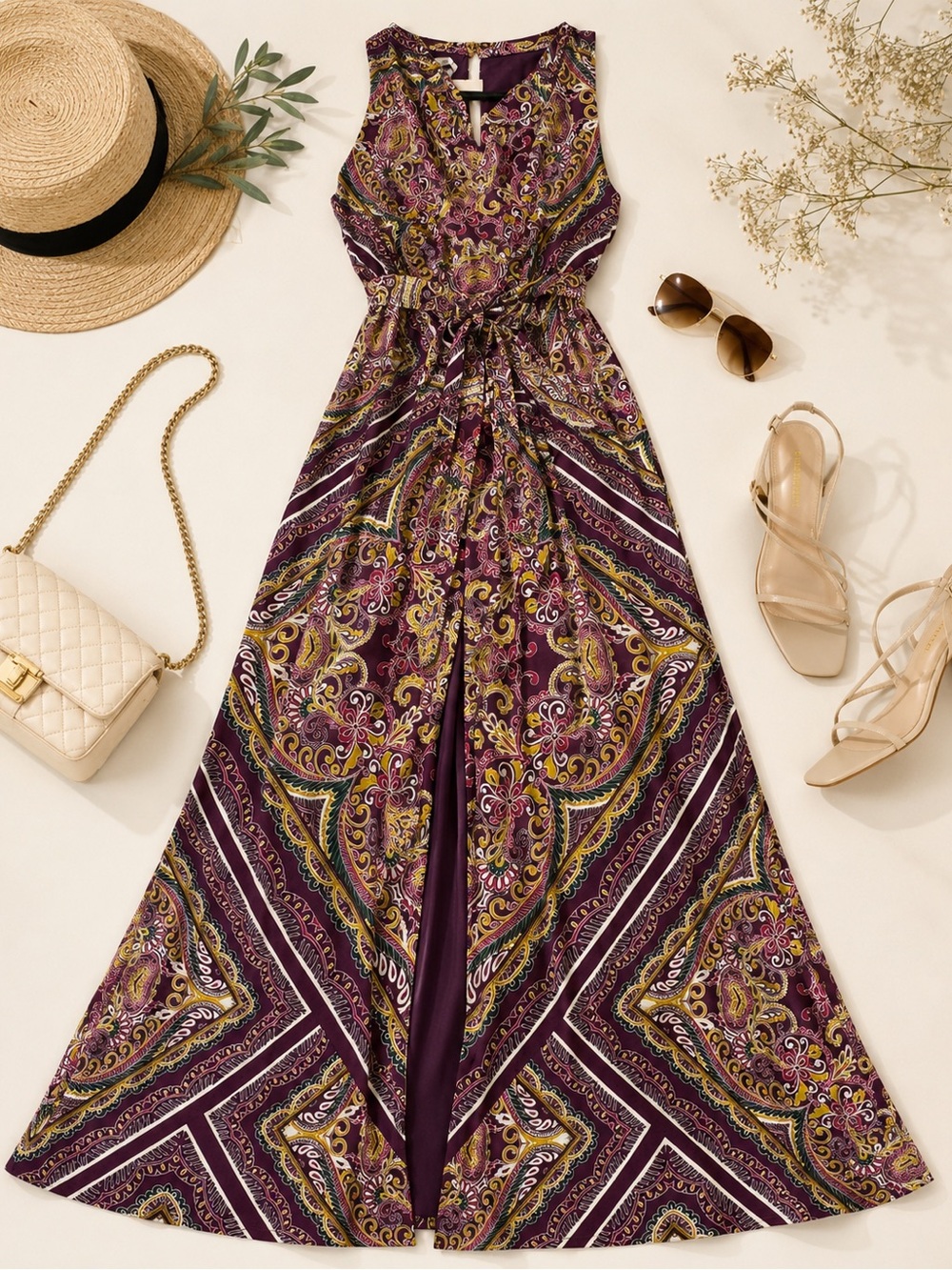 NWT Boston Proper Plum Paisley Belted High Slit Maxi Dress - Size 4